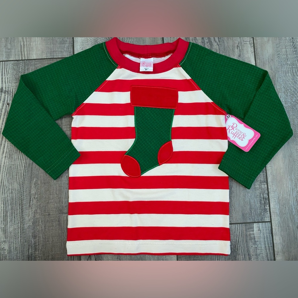 NWT Ricrac & Ruffles Boy’s Holiday Christmas Stocking Appliqué Long Sleeve 3 3T